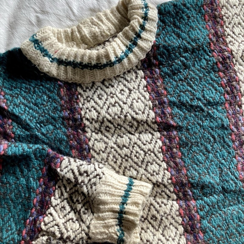Vtg Handknit 100% Wool Chunky Ecuadorian Drug Rug Sweater Mens L Eclectic Earthy